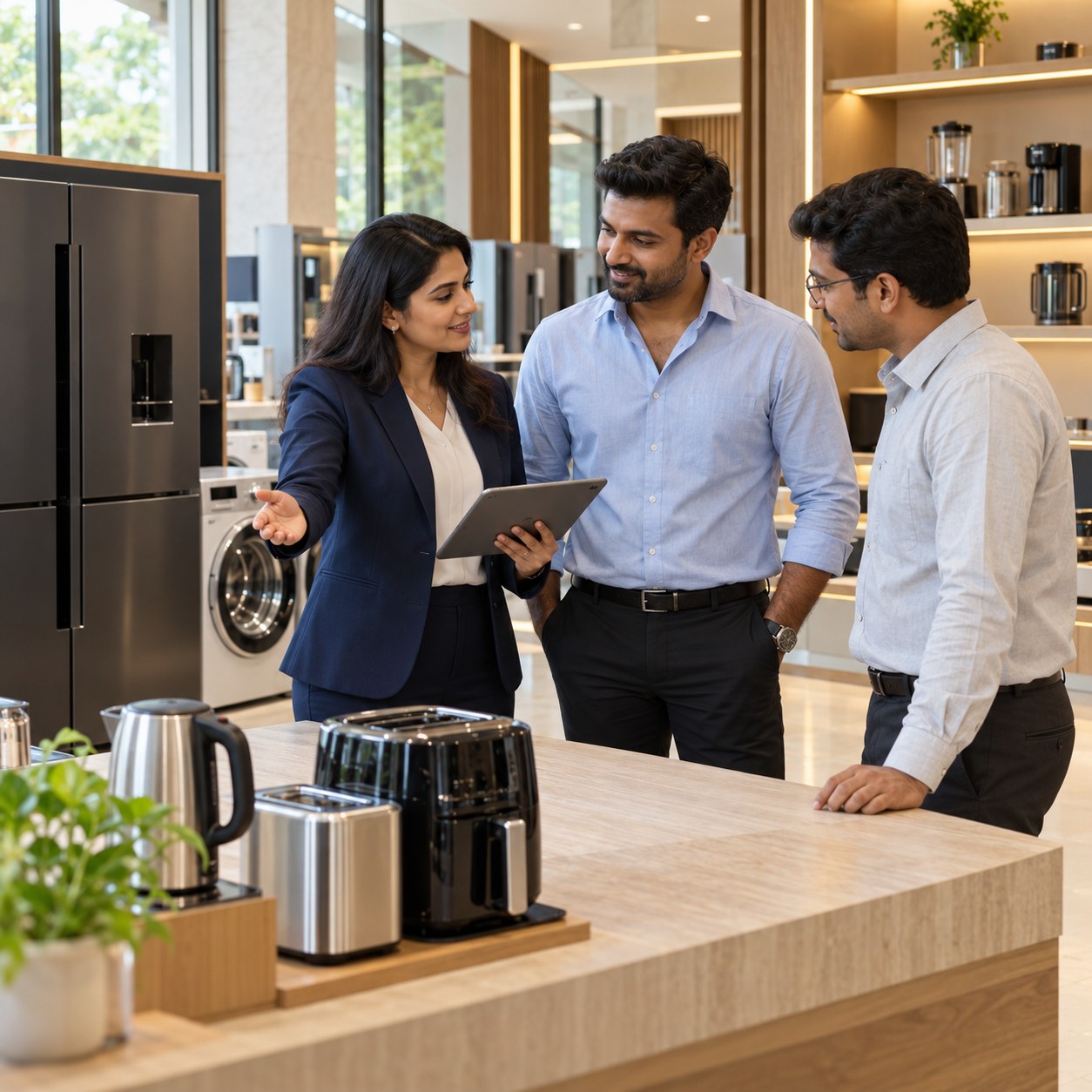 Daewoo retail partner presenting appliances to customers in a showroom